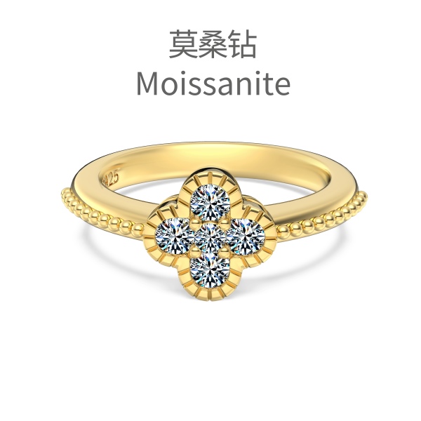 「莫桑钻 Moissanite 系列」银S925白色圆形莫桑钻拼接四叶草造型圆珠戒臂设计小众时尚高级感戒指