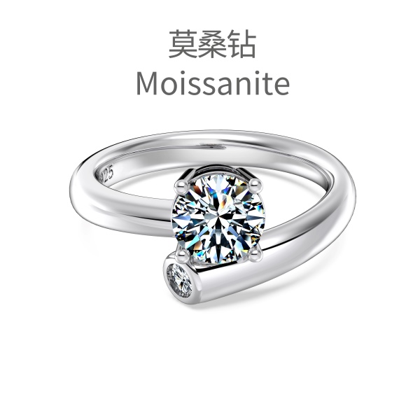 「莫桑钻 Moissanite 系列」银S925白色圆形莫桑钻镶嵌缠绕交错造型时尚高级感戒指