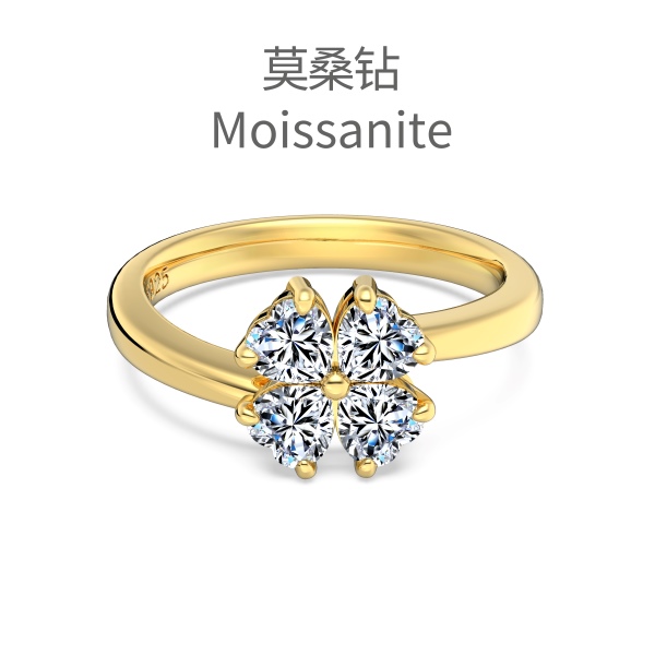 「莫桑钻 Moissanite 系列」银S925白色心形莫桑钻拼接镶嵌四叶草造型时尚高级感戒指
