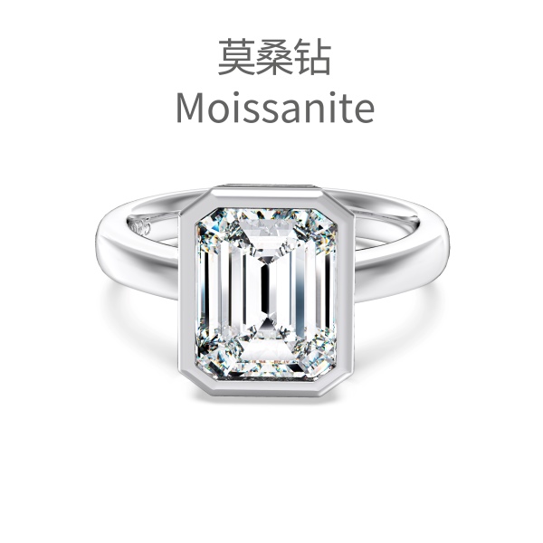 「莫桑钻 Moissanite 系列」银S925白色长方倒角祖母绿切莫桑钻单钻镶嵌时尚高级感戒指