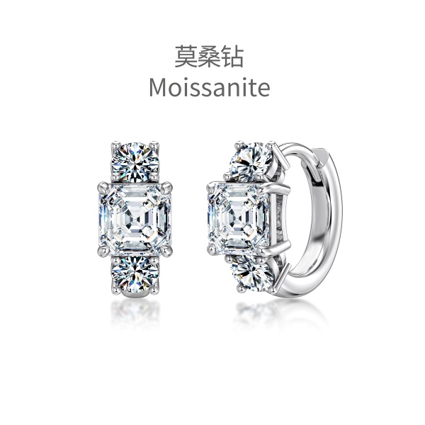 「莫桑钻 Moissanite 系列」银S925白色正方形圆形莫桑钻镶嵌小众时尚圆圈耳环
