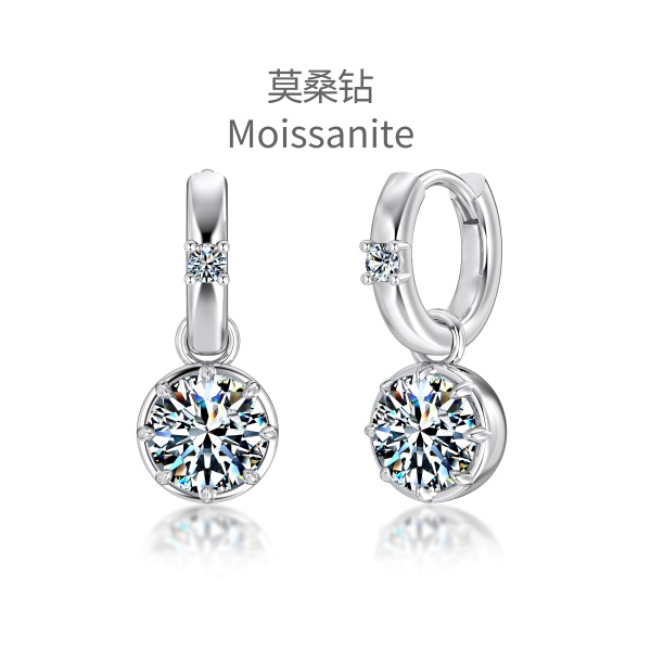 「莫桑钻 Moissanite 系列」银S925白色圆形莫桑钻镶嵌可拆卸吊坠设计小众时尚圆圈耳环