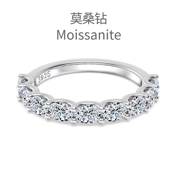 「莫桑钻 Moissanite 系列」银S925白色旦形椭圆形莫桑钻排钻半圈镶嵌时尚高级感戒指