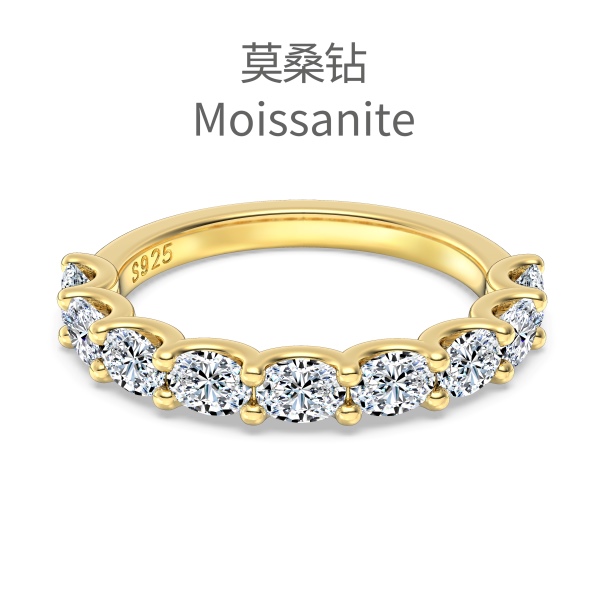 「莫桑钻 Moissanite 系列」银S925白色旦形椭圆形莫桑钻排钻半圈镶嵌时尚高级感戒指