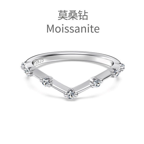 「莫桑钻 Moissanite 系列」银S925白色圆形等距镶嵌V型设计小众时尚高级感细戒戒指