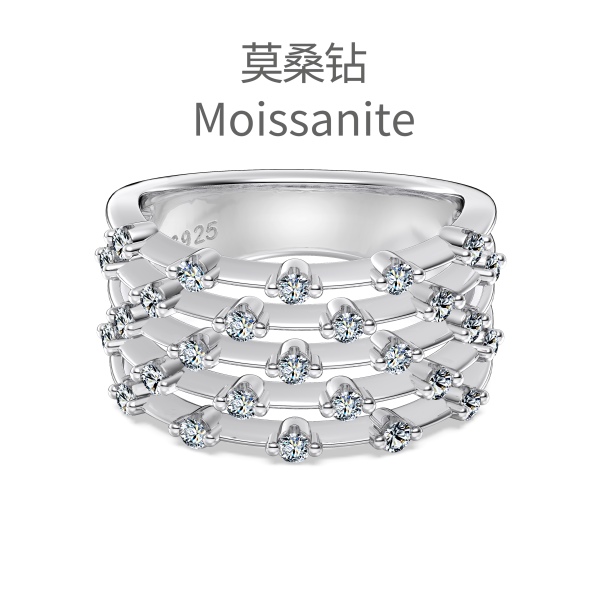 「莫桑钻 Moissanite 系列」银S925白色圆形等距镶嵌多层设计小众时尚高级感宽面戒指