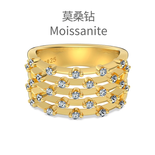 「莫桑钻 Moissanite 系列」银S925白色圆形等距镶嵌多层设计小众时尚高级感宽面戒指
