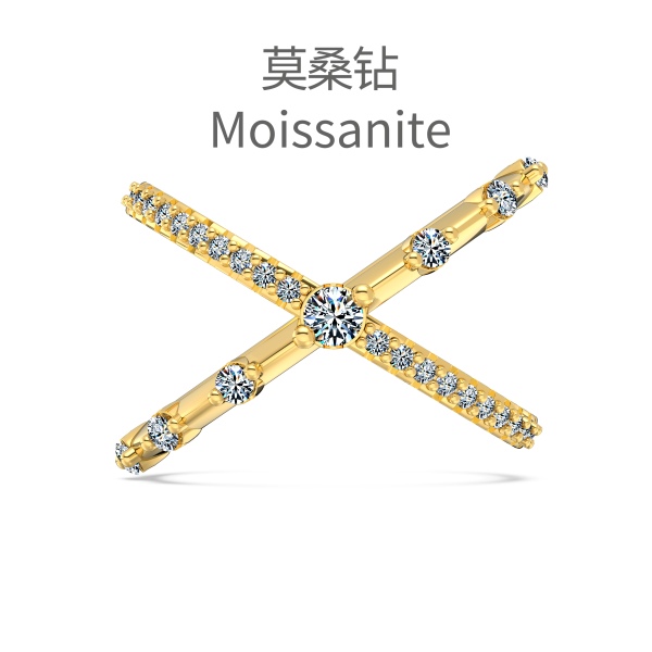 「莫桑钻 Moissanite 系列」银S925白色圆形等距镶嵌交叉设计小众时尚高级感戒指