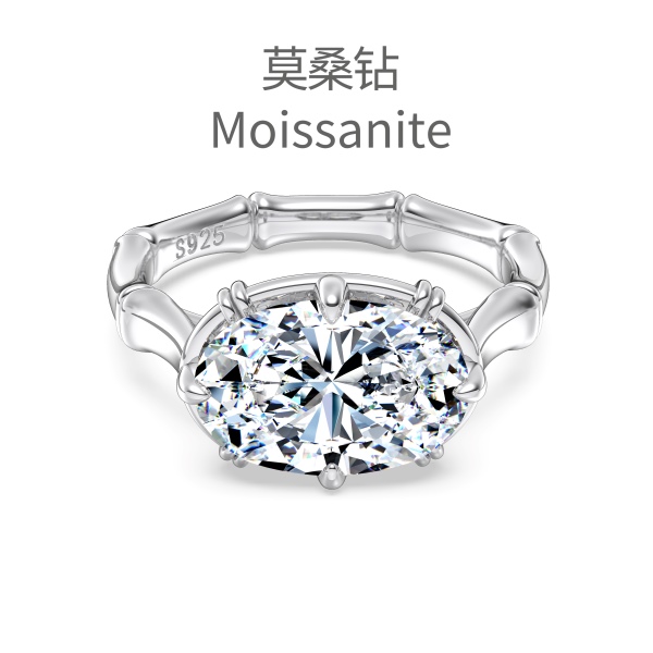 「莫桑钻 Moissanite 系列」银S925白色旦形单钻镶嵌竹节设计小众时尚高级感戒指