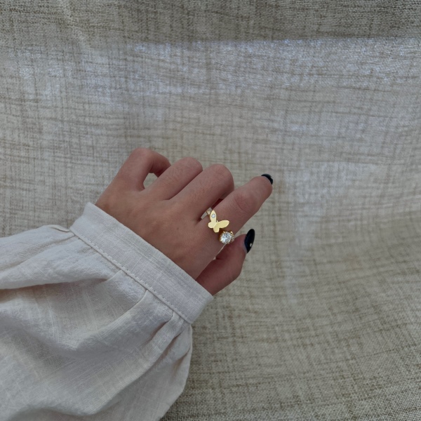 「莫桑钻 Moissanite 系列」银S925白色肥正方圆形镶嵌立体蝴蝶小众时尚高级感开口戒指