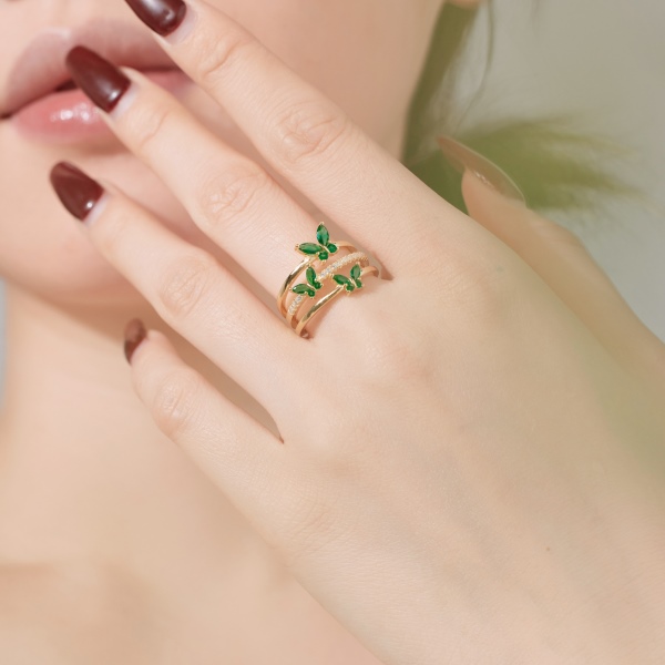 「漫野 Flower Field 系列 」银S925绿色白色马眼形圆形锆石镶嵌蝴蝶多层镂空设计小众时尚开口戒指