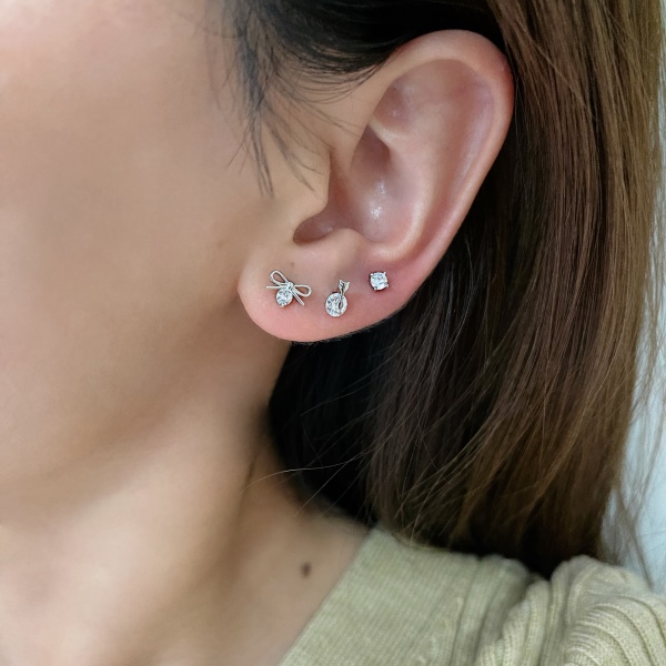 S925纯银简约精致圆形蝴蝶结造型微镶设计高级感套装耳钉耳骨钉