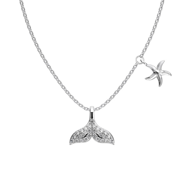 「夏日海洋 Summer Ocean 系列」银S925白色圆锆镶嵌鱼尾美人鱼光面海星吊坠校长时尚简约精致项链