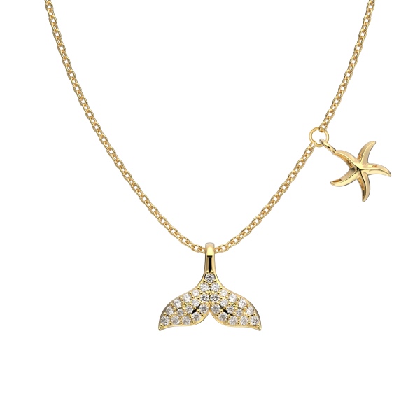 「夏日海洋 Summer Ocean 系列」银S925白色圆锆镶嵌鱼尾美人鱼光面海星吊坠校长时尚简约精致项链