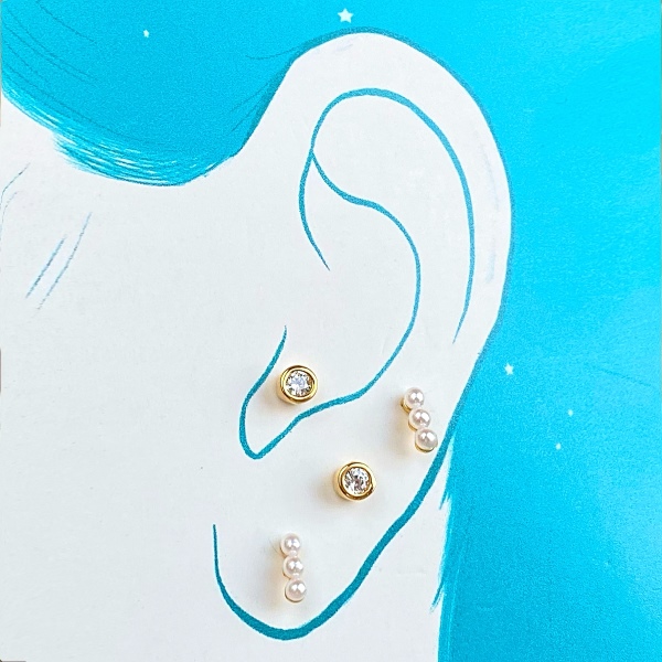 s925银套装胶珠珍珠5A圆锆单钻耳钉跨境时尚百搭