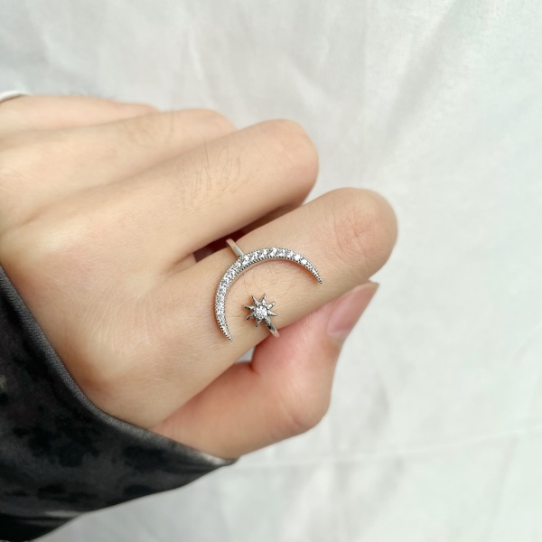 S925纯银月亮星星细戒跨境ins叠戴百搭开口戒指
