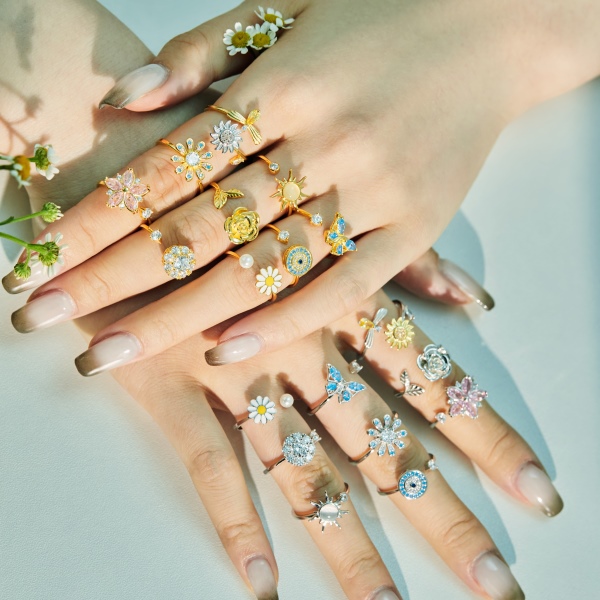 「解压戒-Anxiety Ring系列」S925纯银跨境爆款黄色梨形水滴太阳花可旋转可转动蜜蜂戒指镶钻简约百搭流行抗压开口可调节指环