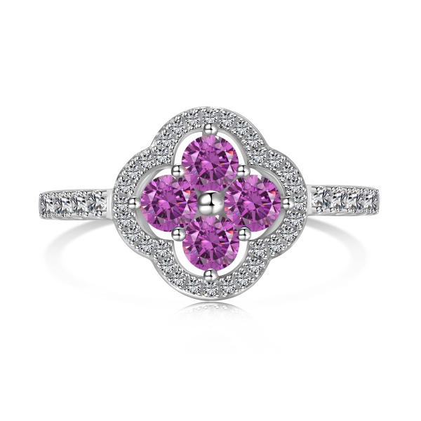 「花漾 Foliflora 系列」银S925玫红色白色圆锆镶嵌四叶草花朵设计小众精致时尚戒指