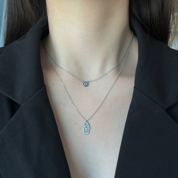 「双层Layered系列」S925纯银恶魔之眼哈姆撒手掌双层5A锆石项链女欧美ins跨境项链