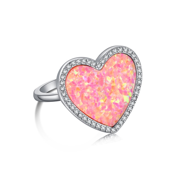 S925纯银跨境新款配饰wish欧美多彩澳宝戒指s925纯银爱心心形个性欧泊首饰opal指环