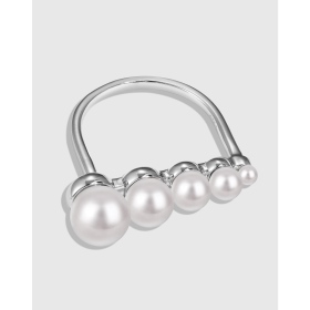 「雾光 Mist-Glitter 系列 」银S925白色贝珠由大到小一字排列小众时尚优雅简约戒指