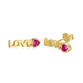 S925纯银爱心心形红刚玉LOVE节日款跨境18K时尚百搭耳钉