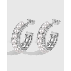 「雾光 Mist-Glitter 系列 」银S925白色圆锆珍珠贝珠镶嵌法式C形简约时尚优雅大气耳环