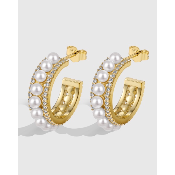 「雾光 Mist-Glitter 系列 」银S925白色圆锆珍珠贝珠镶嵌法式C形简约时尚优雅大气耳环