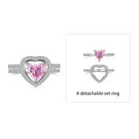银S925粉色心形爱心白色圆锆镶嵌镂空设计拼接小众时尚设计感戒指