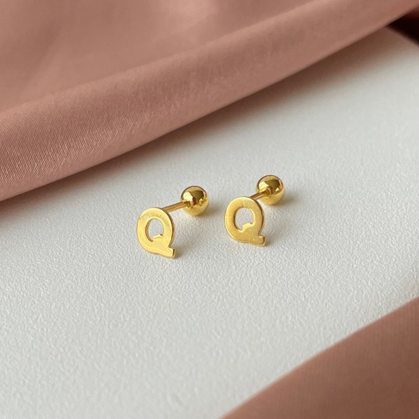 S925纯银字母Q螺丝耳钉14K跨境百搭