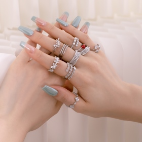 「昙 DreamCloud 系列」银S925白色梯方石满钻镶嵌圆形贝珠双层宽面设计小众时尚精致优雅高级感戒指