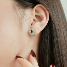 「霓光 Neon 系列」银S925绿色长方形白色圆锆镶嵌小众时尚设计耳钉