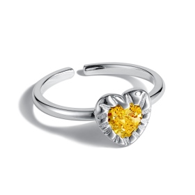 S925纯银黄色爱心戒指肌理纹路设计甜美心型开口可调节指环