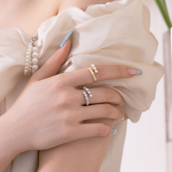 「昙 DreamCloud 系列」银S925白色圆锆贝珠镶嵌开口设计小众时尚简约百搭大气优雅戒指