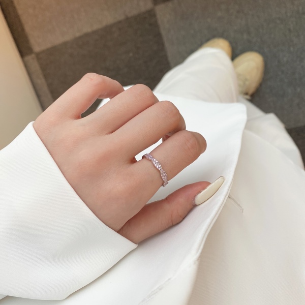 欧美爆款S925纯银交叉粉色满钻排钻戒指色彩甜美百搭个性时尚风婚戒