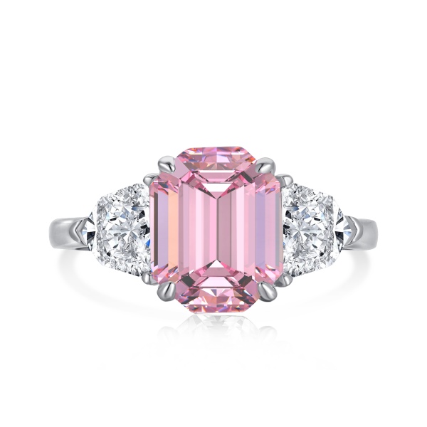 跨境爆款S925纯银镶嵌轻奢气质迷宫爪镶主石宝塔切割精致粉色少女心方糖婚礼戒指