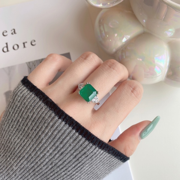 S925纯银气质时尚百搭跨境爆款绿色日韩款合成祖母绿几何形方形锆石戒指