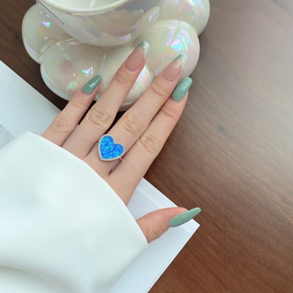 S925纯银跨跨境新款配饰wish欧美多彩澳宝戒指s925纯银爱心心形个性欧泊首饰opal指环