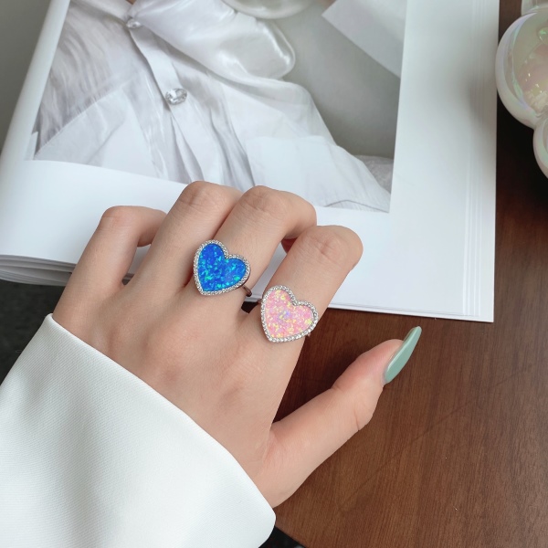 S925纯银跨境新款配饰wish欧美多彩澳宝戒指s925纯银爱心心形个性欧泊首饰opal指环
