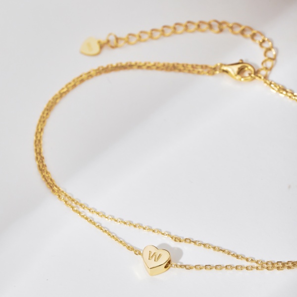 S925纯银心形脚链26个大写字母爱心吊坠脚饰时尚创意双层可调节14K气质百搭女生个性韩版脚踝链