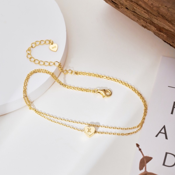 S925纯银心形脚链26个大写字母爱心吊坠脚饰时尚创意双层可调节14K气质百搭女生个性韩版脚踝链