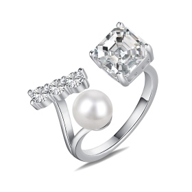 S925纯银原创设计白色肥方形锆石珍珠圆锆分岔设计开口戒指
