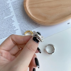韩版S925纯银复古多层缠绕不规则面开口戒指指环女银戒指
