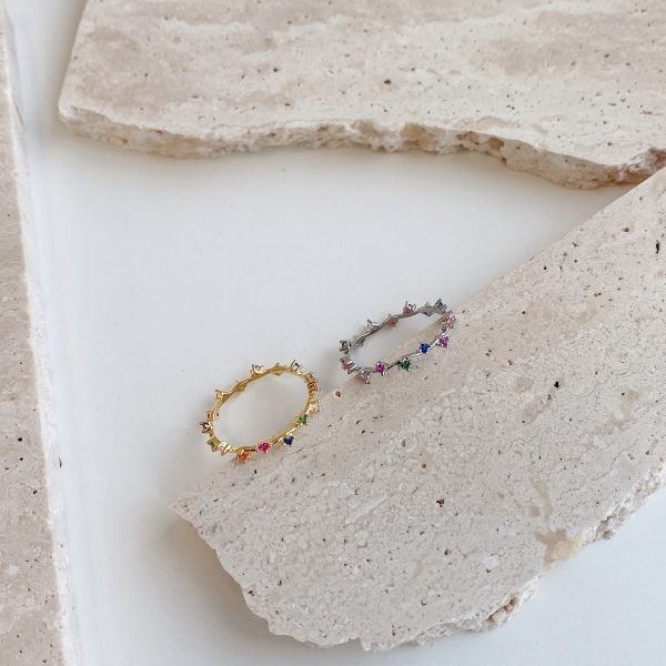 S925纯银ins潮不规则设计彩虹石圆锆戒指女轻奢冷淡风食指手饰