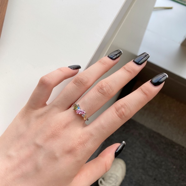 S925纯银彩色锆石马眼石圆形长方形梯形锆石镶钻戒指