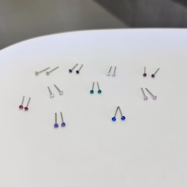 S925纯银迷你小单钻耳钉女夏小水钻彩色镶钻