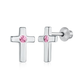 S925纯银光面十字架造型粉色圆锆镶嵌时尚百搭儿童款耳钉宝宝戴