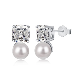 原创设计S925纯银白色肥方形白色珍珠简约设计耳钉