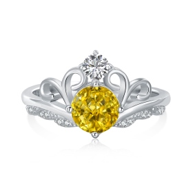 S925纯银原创设计黄色圆锆镶钻8A冰花锆雷迪恩切割皇冠造型镂空设计开口戒指可调节