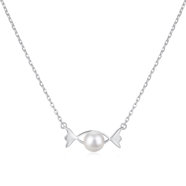 S925纯银原创设计白色珍珠面包珠糖果镂空吊坠简约设计项链